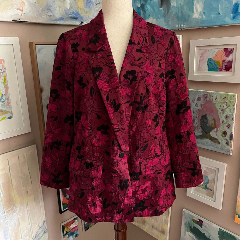 Office Siren Alfani Floral Jacquard‎ Blazer Whimsical Coquette Maroon Black Sz M